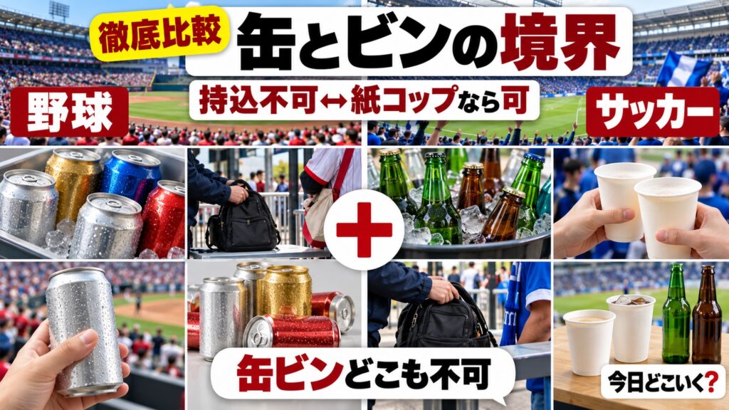 観戦の持ち込みで缶とビンはどうなる?甲子園と天皇杯など公式7つで比較 図の中の文字: 缶ビンどこも不可、野球、サッカー、持込不可↔紙コップなら可