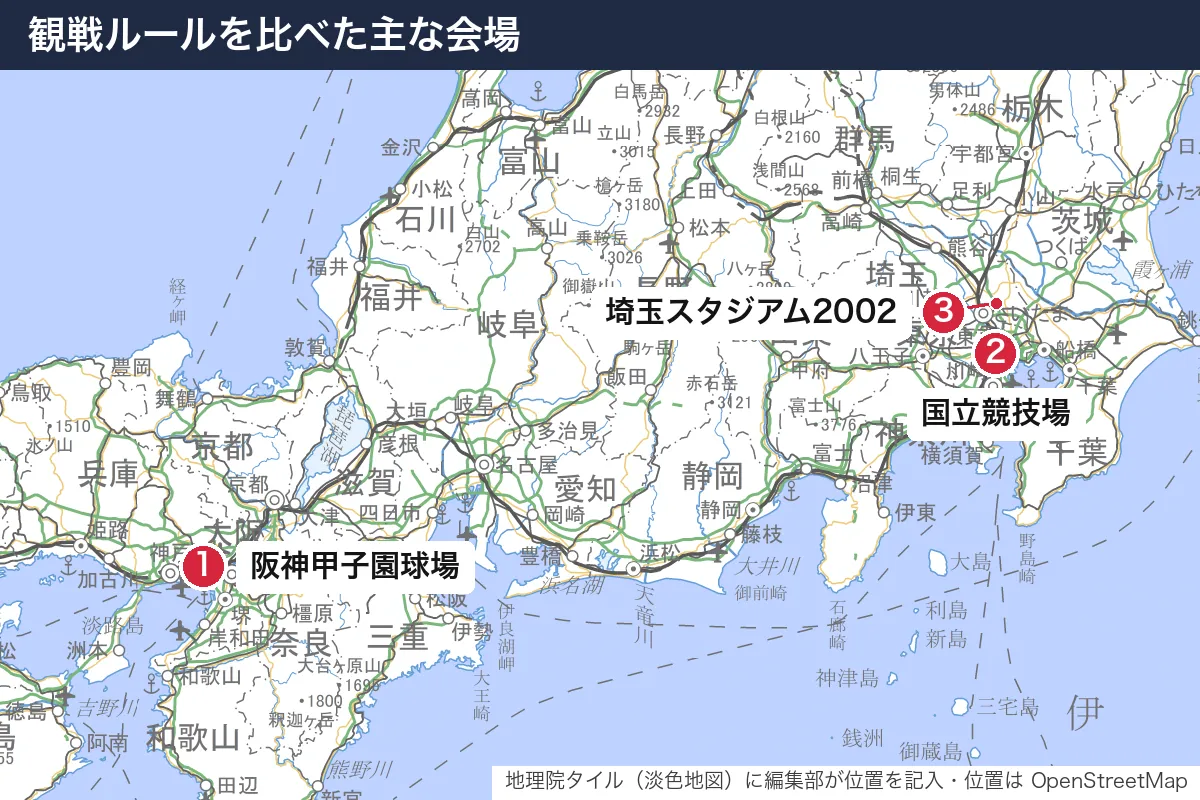 観戦ルールを比べた主な会場。地図に番号で示した場所は 1. 阪神甲子園球場、2. 国立競技場、3. 埼玉スタジアム2002