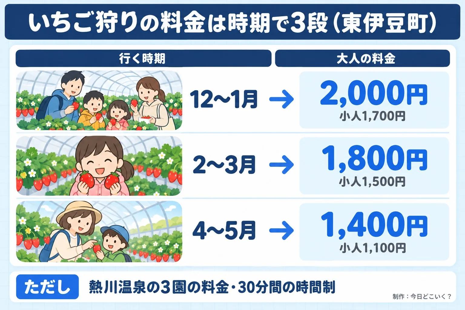 いちご狩りの料金は時期で3段（東伊豆町）。行く時期。大人の料金。12〜1月。2,000円。小人1,700円。2〜3月。1,800円。小人1,500円。4〜5月。1,400円。小人1,100円。ただし 熱川温泉の3園の料金・30分間の時間制。今日どこいく？が作ったイラスト図解（状況→目安の早見表）