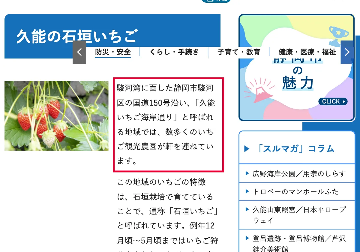 city.shizuoka.lg.jpの静岡市公式サイトの久能の石垣いちご紹介ページの画面。赤い枠の中は「駿河湾に面した静岡市駿河区の国道150号沿い、「久能いちご海岸通り」と呼ばれる地域では、数多くのいちご観光農園が軒を連ねています。」