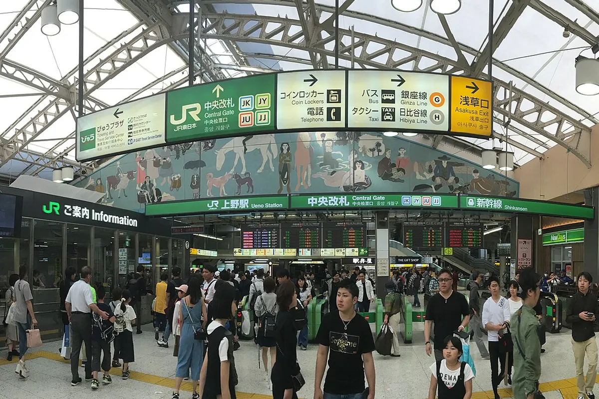 JR上野駅の中央改札口で、「中央改札 Central Gate」の案内看板の下を多くの利用者が行き交う様子の写真