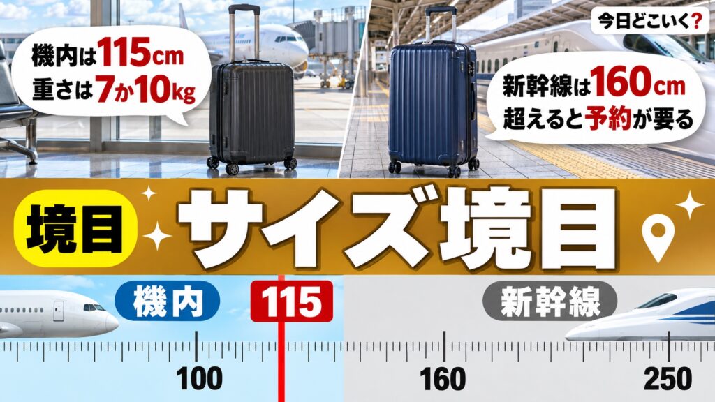スーツケースのサイズの境目は？機内115cmと新幹線160cm　図の中の文字: 機内は115cm、重さは7か10kg、新幹線は160cm、超えると予約が要る、100、115