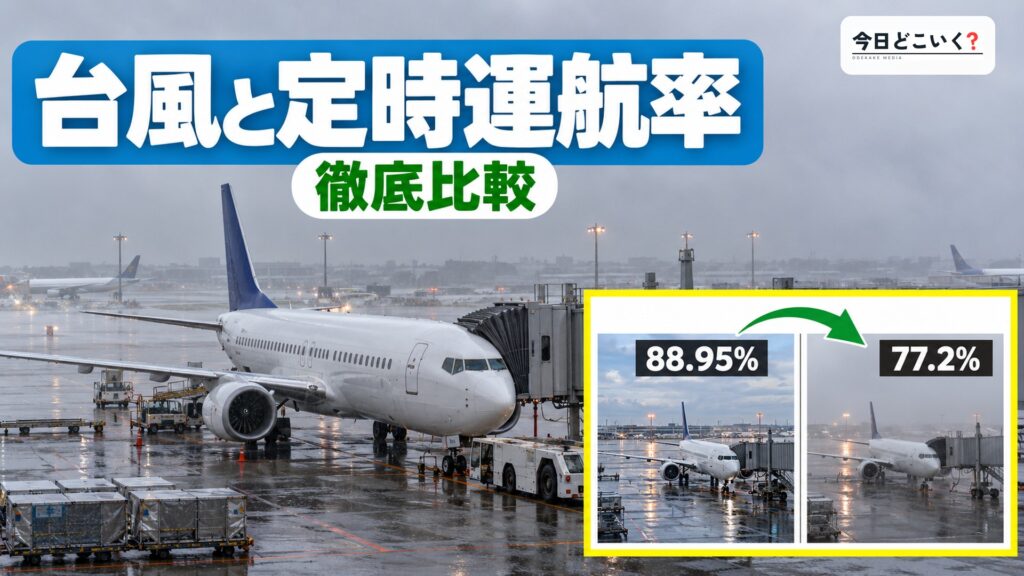 飛行機は台風でどれくらい欠航する?月別データと10社の違い 図の中の文字: 台風と定時運航率、88.95%、77.2%