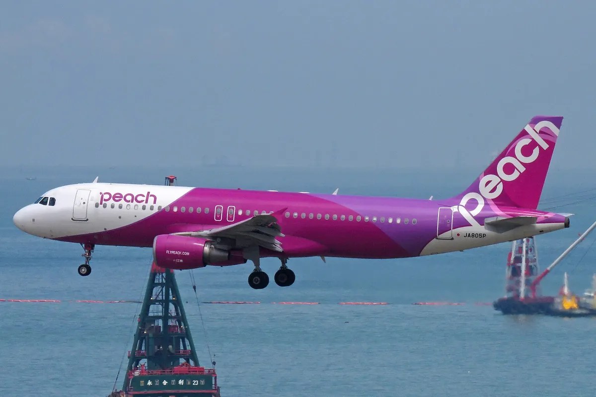 着陸態勢に入ったピーチ・アビエーションの飛行機を海の上空から撮影した写真