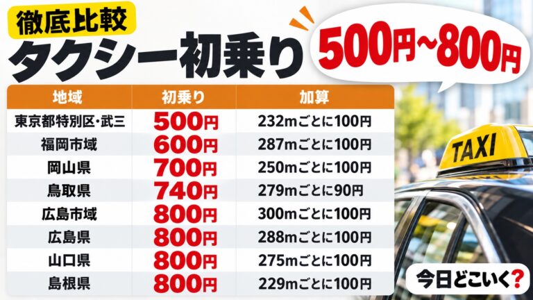 タクシー料金の初乗りは東京500円で広島800円！8地域を並べた