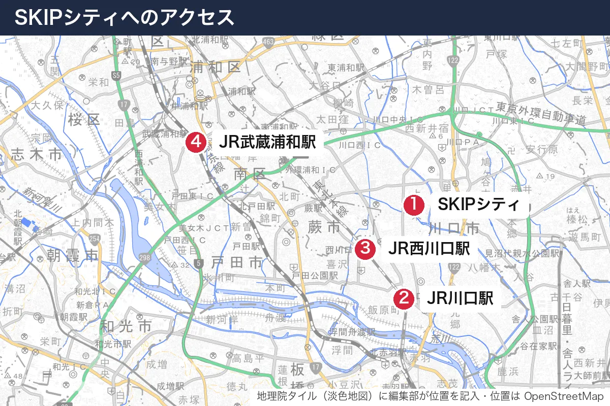 SKIPシティへのアクセス。地図に番号で示した場所は 1. SKIPシティ、2. JR川口駅、3. JR西川口駅、4. JR武蔵浦和駅