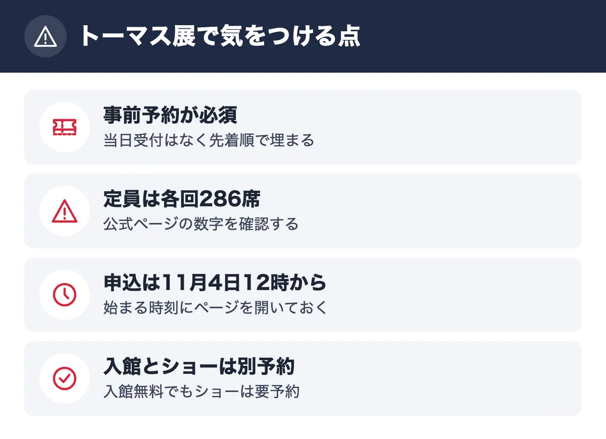 トーマス展で気をつける点。事前予約が必須 当日受付はなく先着順で埋まる/定員は各回286席 公式ページの数字を確認する/申込は11月4日12時から 始まる時刻にページを開いておく/入館とショーは別予約 入館無料でもショーは要予約