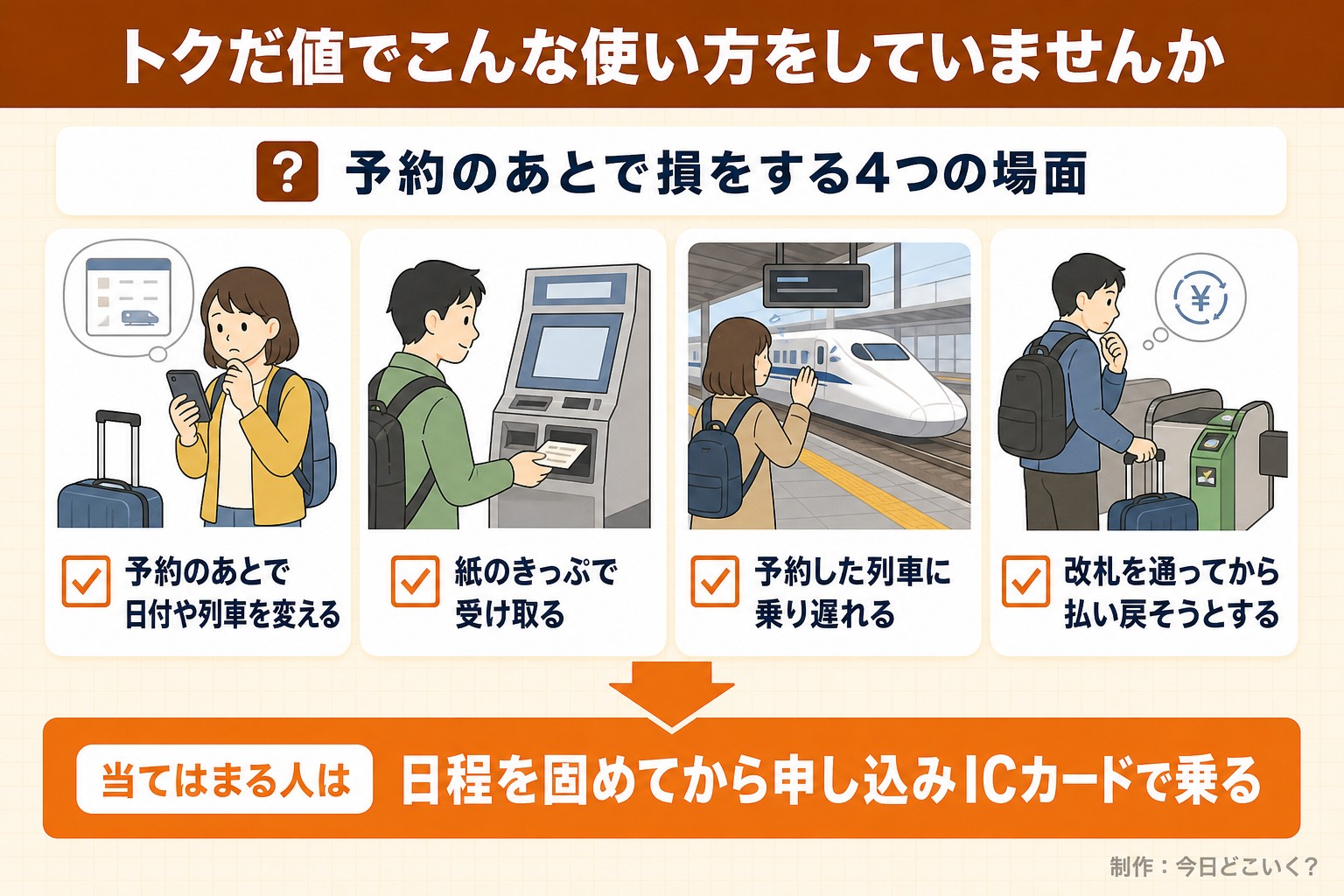トクだ値でこんな使い方をしていませんか。予約のあとで損をする4つの場面。予約のあとで日付や列車を変える。紙のきっぷで受け取る。予約した列車に乗り遅れる。改札を通ってから払い戻そうとする。当てはまる人は。日程を固めてから申し込みICカードで乗る。今日どこいく?が作ったイラスト図解(「こんなことしていませんか」のチェック場面)