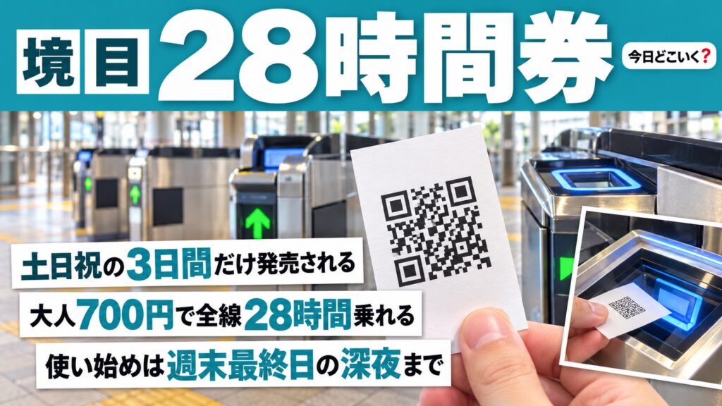 東京メトロ28時間券はいつ買える？土曜4時から週末だけ700円　図の中の文字: 土日祝の3日間だけ発売される、大人700円で全線28時間乗れる、使い始めは週末最終日の深夜まで
