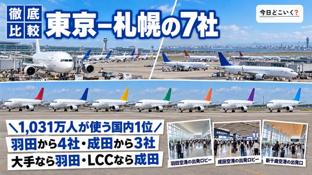 東京と札幌を飛ぶ7社を比較！1,031万人が使う国内最大路線　図の中の文字: 東京－札幌の7社、＼1,031万人が使う国内1位／、羽田から4社・成田から3社、大手なら羽田・LCCなら成田