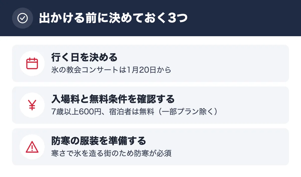 出かける前に決めておく3つ。行く日を決める 氷の教会コンサートは1月20日から／入場料と無料条件を確認する 7歳以上600円、宿泊者は無料（一部プラン除く）／防寒の服装を準備する 寒さで氷を造る街のため防寒が必須