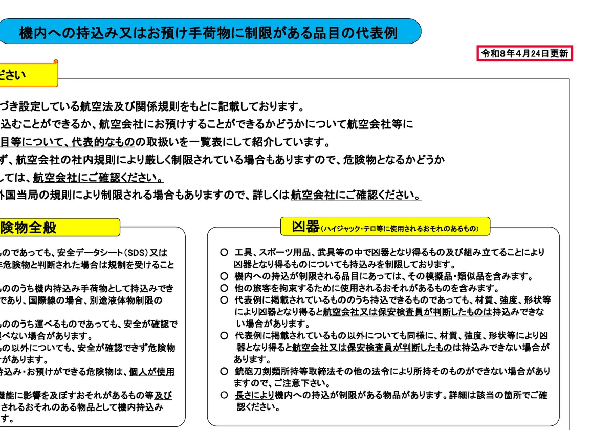 国土交通省の機内持込み・お預け手荷物の制限品目一覧(国交省PDF) (PDF)の画面。赤い枠の中は「令和8年4月24日更新」