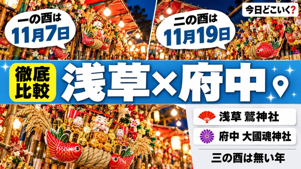 酉の市2026はいつ？三の酉の有無と浅草・府中2社の時間と駐車場　図の中の文字: 一の酉は、11月7日、二の酉は、11月19日、浅草 鷲神社、府中 大國魂神社