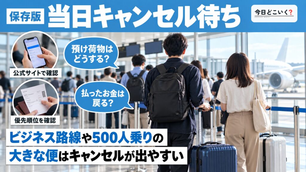 当日のキャンセル待ちで飛行機に乗れる？確率と方法を解説！　図の中の文字: 当日キャンセル待ち、ビジネス路線や500人乗りの、大きな便はキャンセルが出やすい、預け荷物はどうする？、払ったお金は戻る？