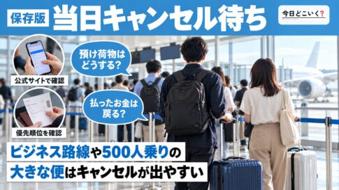 当日のキャンセル待ちで飛行機に乗れる？確率と方法を解説！　図の中の文字: 当日キャンセル待ち、ビジネス路線や500人乗りの、大きな便はキャンセルが出やすい、預け荷物はどうする？、払ったお金は戻る？