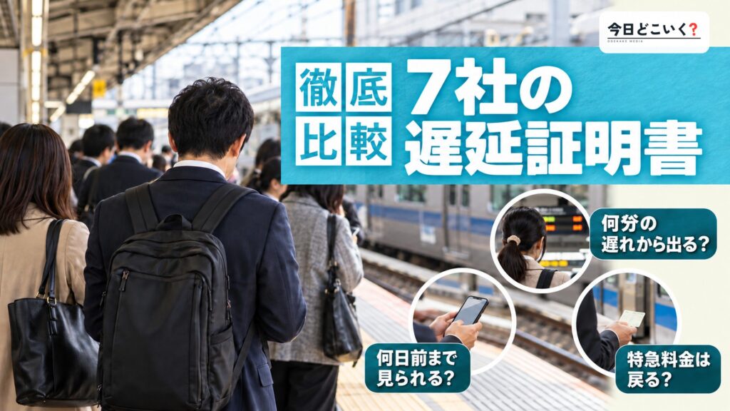 遅延証明書は何分から何日前まで？鉄道7社の違いと特急料金の境目　図の中の文字: 7社の遅延証明書、何分の遅れから出る？、何日前まで見られる？、特急料金は戻る？