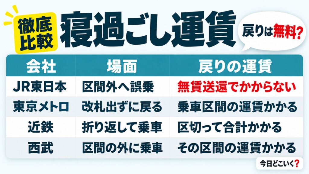 電車の寝過ごしで戻る運賃は無料？8社の決まりと無賃送還の条件　図の中の文字: 戻りは無料?、JR東日本 | 区間外へ誤乗 | 無賃送還でかからない、東京メトロ | 改札出ずに戻る | 乗車区間の運賃かかる、近鉄 | 折り返して乗車 | 区切って合計かかる、西武 | 区間の外に乗車 | その区間の運賃かかる、会社
