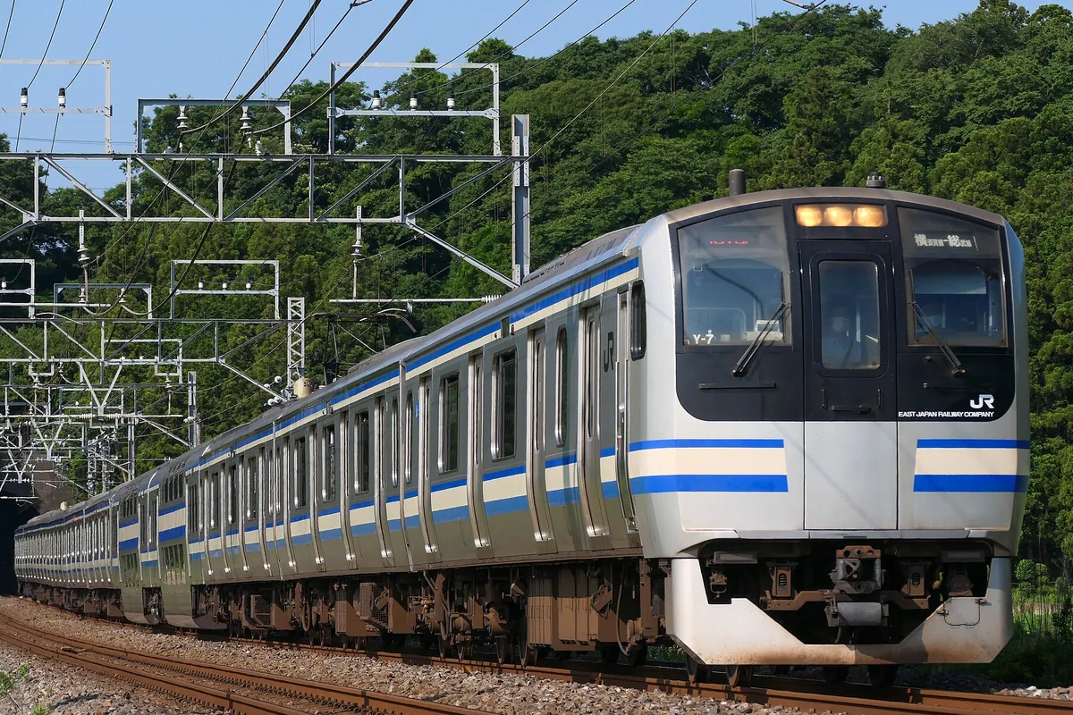 JR東日本のブルーとクリームの帯の近郊電車が、緑の木々と架線柱が並ぶ線路を走行している写真