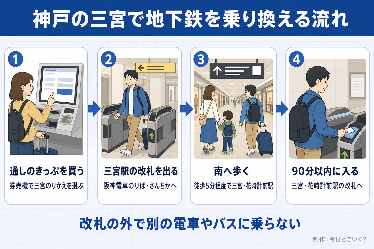 神戸の三宮で地下鉄を乗り換える流れ。通しのきっぷを買う。券売機で三宮のりかえを選ぶ。三宮駅の改札を出る。阪神電車のりば・さんちかへ。南へ歩く。徒歩5分程度で三宮・花時計前駅。90分以内に入る。三宮・花時計前駅の改札へ。改札の外で別の電車やバスに乗らない。今日どこいく？が作ったイラスト図解（横並びの手順コマ）