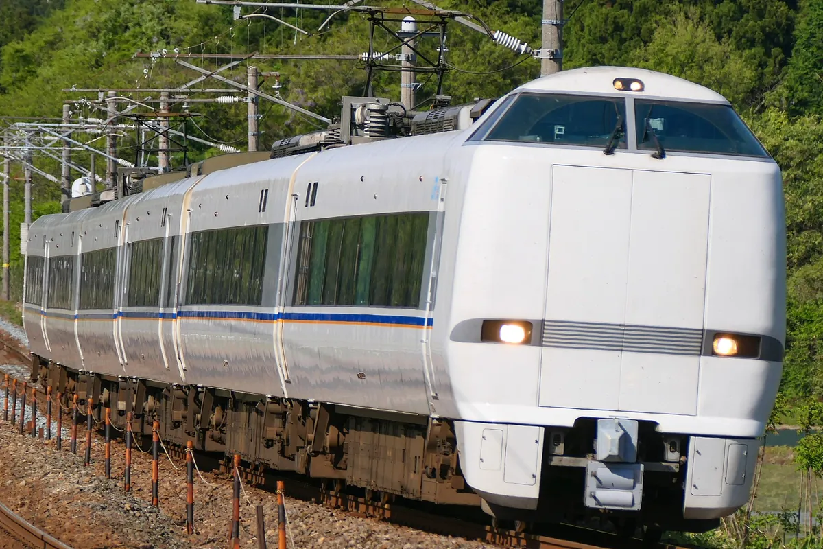 架線柱が並ぶ線路を走る、白い車体に青い帯が入った特急しらさぎの先頭車両の写真