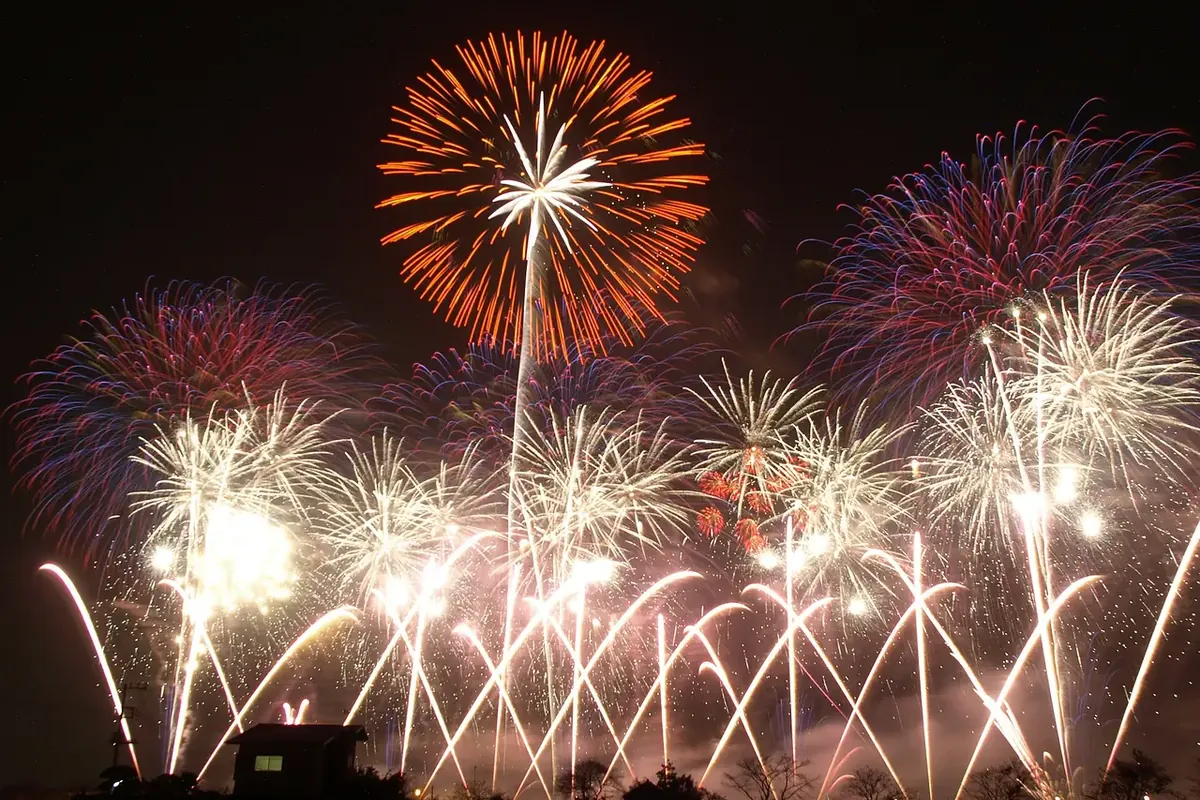 土浦全国花火競技大会で、夜空にオレンジや紫、白の花火がいくつも重なって開き、下に建物や木の影が並ぶ様子の写真