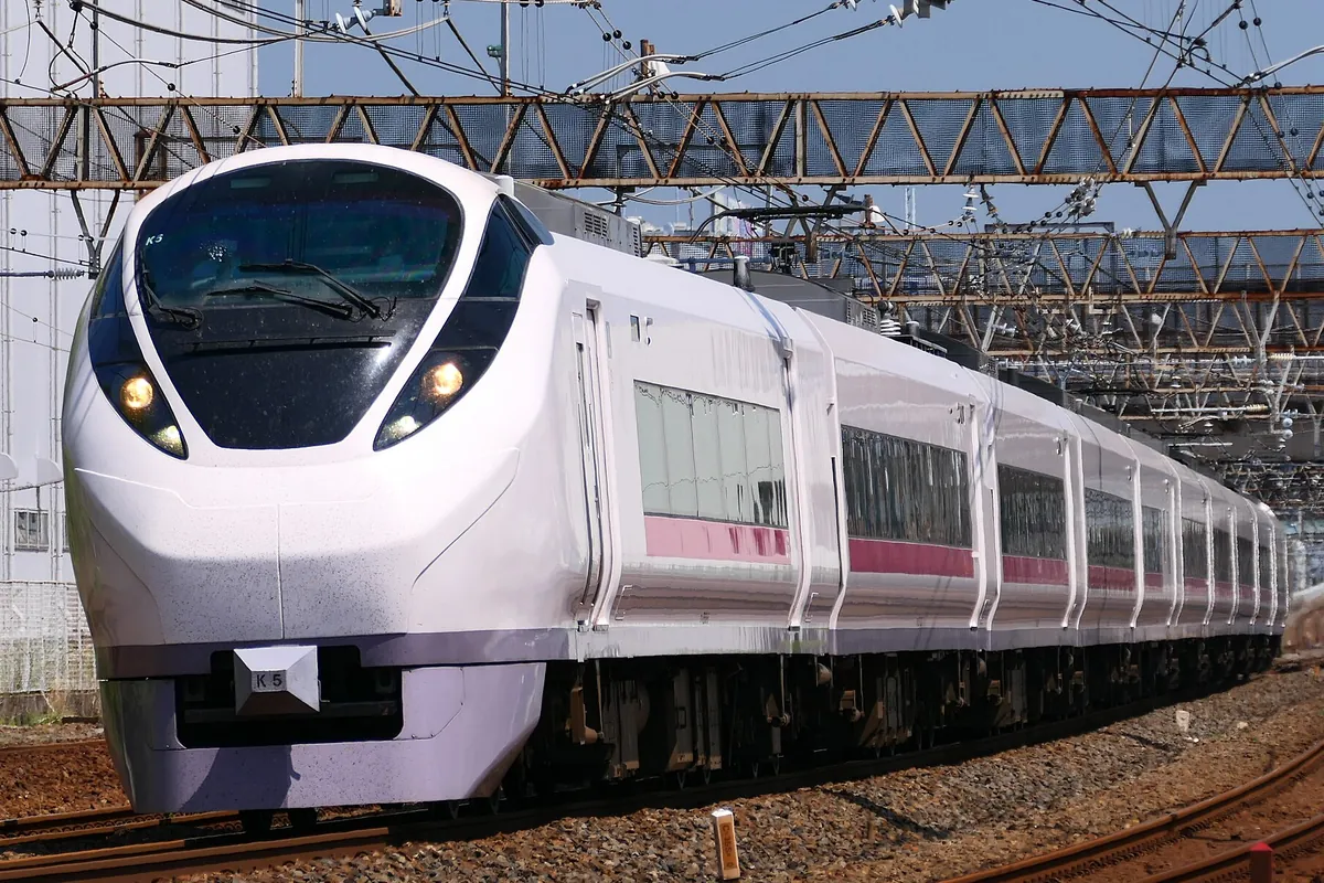高架の架線柱が並ぶ線路を走るJR常磐線特急車両「K5」の先頭部分を写した写真