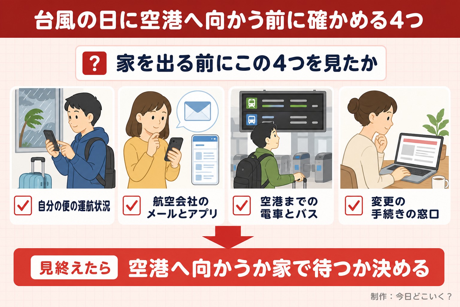 台風の日に空港へ向かう前に確かめる4つ。家を出る前にこの4つを見たか。自分の便の運航状況。航空会社のメールとアプリ。空港までの電車とバス。変更の手続きの窓口。見終えたら。空港へ向かうか家で待つか決める。今日どこいく?が作ったイラスト図解(「こんなことしていませんか」のチェック場面)