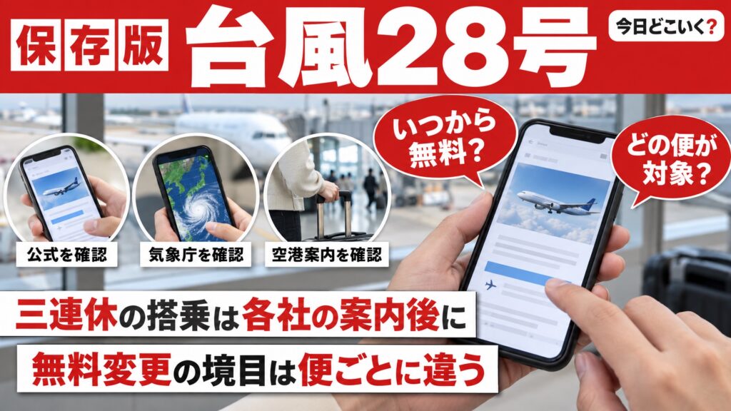 台風28号で飛行機は飛ぶ?10月10日からの三連休と無料変更の対象 図の中の文字: 公式を確認、気象庁を確認、空港案内を確認、いつから無料?、どの便が対象?、三連休の搭乗は各社の案内後に