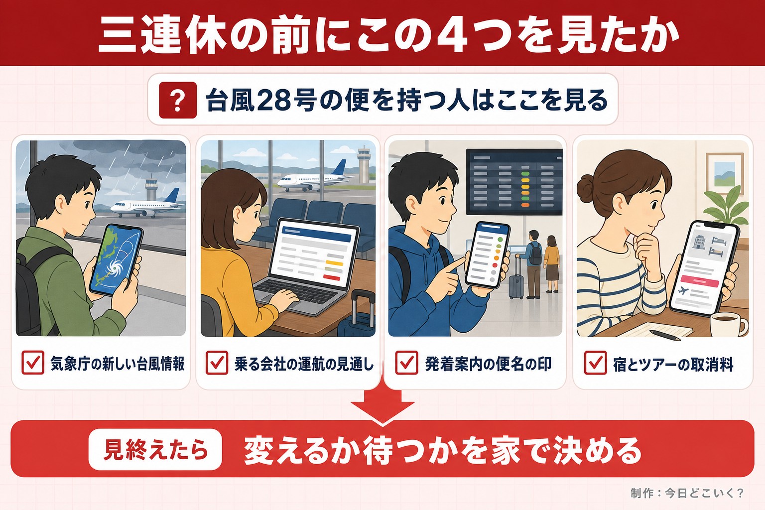 三連休の前にこの4つを見たか。台風28号の便を持つ人はここを見る。気象庁の新しい台風情報。乗る会社の運航の見通し。発着案内の便名の印。宿とツアーの取消料。見終えたら。変えるか待つかを家で決める。今日どこいく?が作ったイラスト図解(「こんなことしていませんか」のチェック場面)