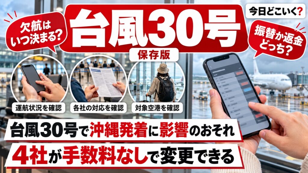 台風30号で飛行機は飛ぶ？10月21日からの沖縄便と4社の無料変更　図の中の文字: 運航状況を確認、各社の対応を確認、対象空港を確認、欠航はいつ決まる？、振替か返金どっち？、台風30号で沖縄発着に影響のおそれ