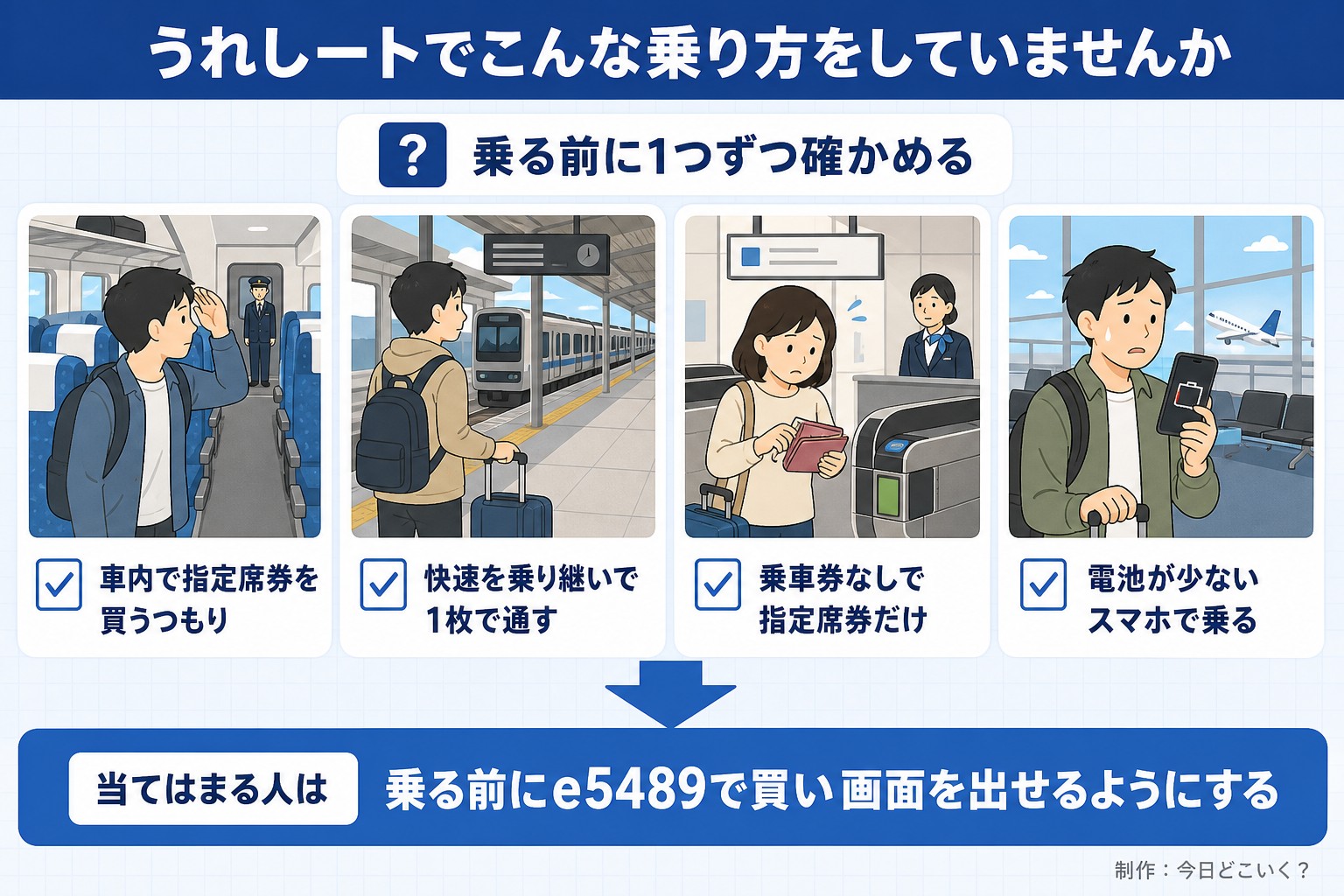 うれしートでこんな乗り方をしていませんか。乗る前に1つずつ確かめる。車内で指定席券を買うつもり。快速を乗り継いで1枚で通す。乗車券なしで指定席券だけ。電池が少ないスマホで乗る。当てはまる人は。乗る前にe5489で買い画面を出せるようにする。今日どこいく？が作ったイラスト図解（「こんなことしていませんか」のチェック場面）