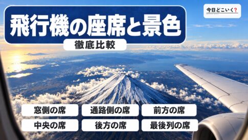 飛行機からの景色を楽しむならどこの座席？場所別に特徴をご紹介　図の中の文字: 飛行機の座席と景色、窓側の席、通路側の席、前方の席、中央の席、後方の席、最後列の席