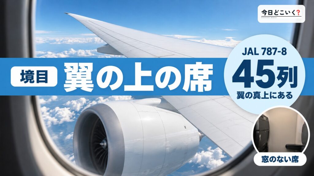 飛行機の翼の上の席は何列目?機材で変わる窓無し席と揺れの境目 図の中の文字: 翼の上の席、JAL 787-8、45列、翼の真上にある