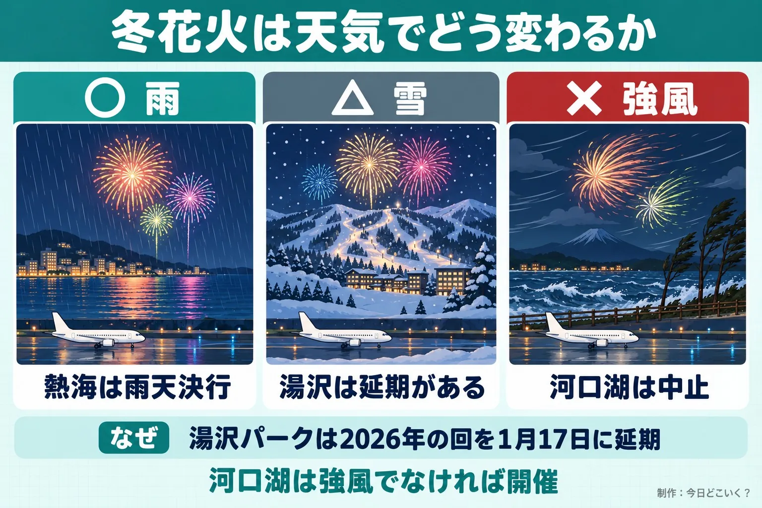 冬花火は天気でどう変わるか。雨。熱海は雨天決行。雪。湯沢は延期がある。強風。河口湖は中止。湯沢パークは2026年の回を1月17日に延期。河口湖は強風でなければ開催。今日どこいく？が作ったイラスト図解（天候と欠航の場面くらべ）