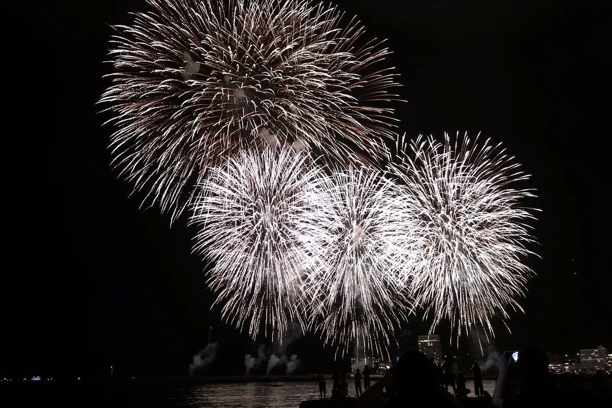 夜空に打ち上げられた白や銀色の大輪の花火が湾の上空で複数同時に開き、水面に観客の人影が並ぶ様子の写真