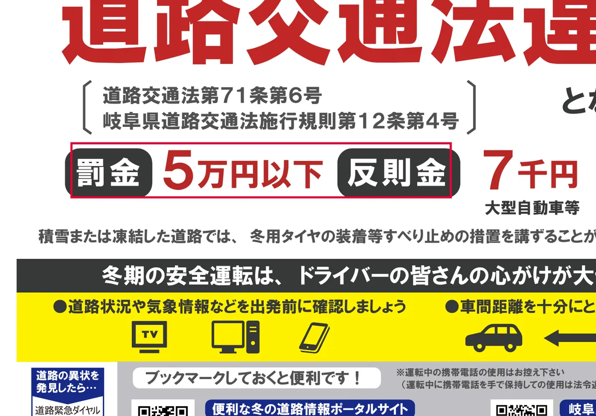 岐阜県のノーマルタイヤ走行への罰金・反則金の案内 (PDF)の画面。赤い枠の中は「罰金5万円以下反則金」