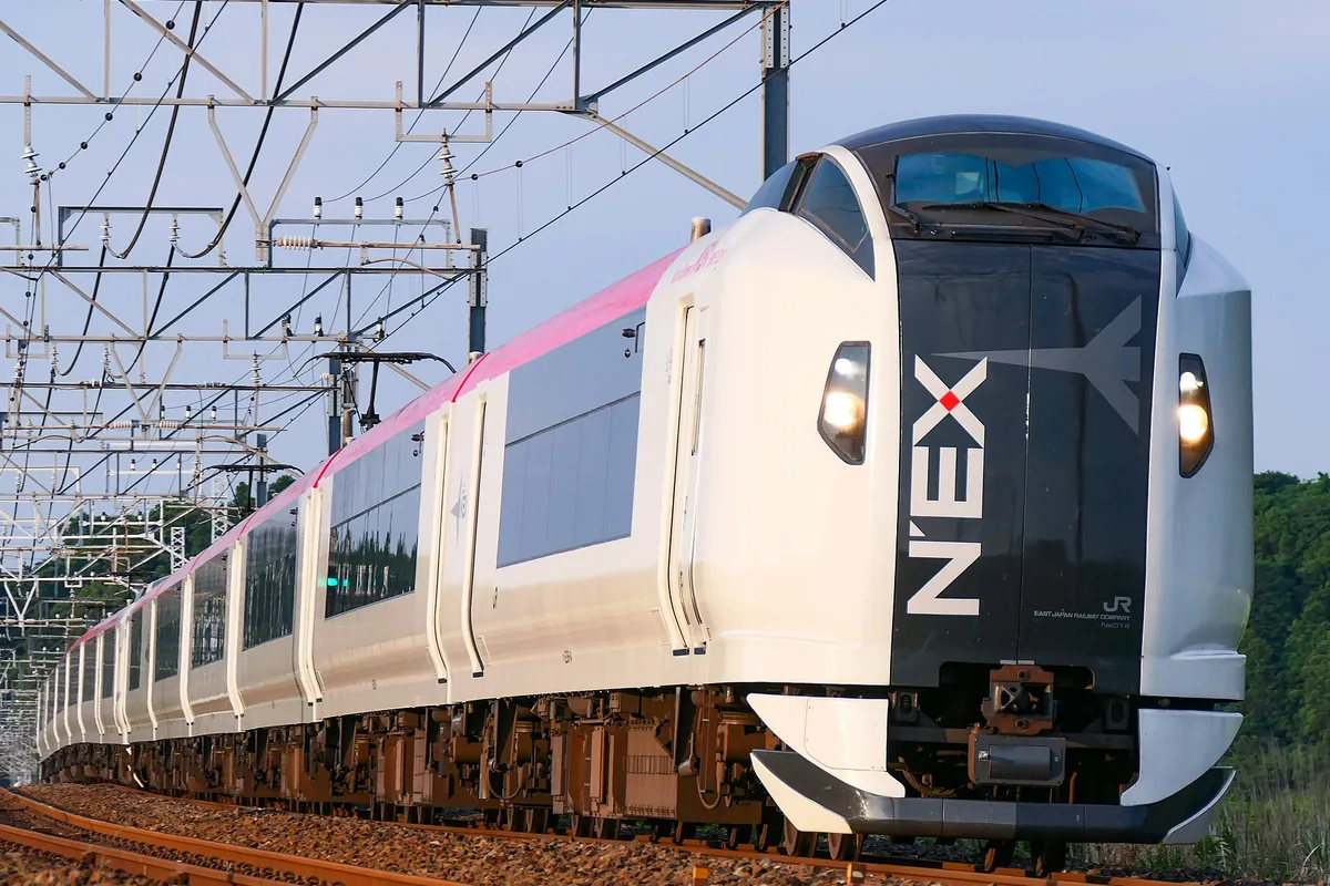 成田エクスプレスE259系の車両が「N'EX」のロゴを側面に掲げて線路上を走行する様子の写真