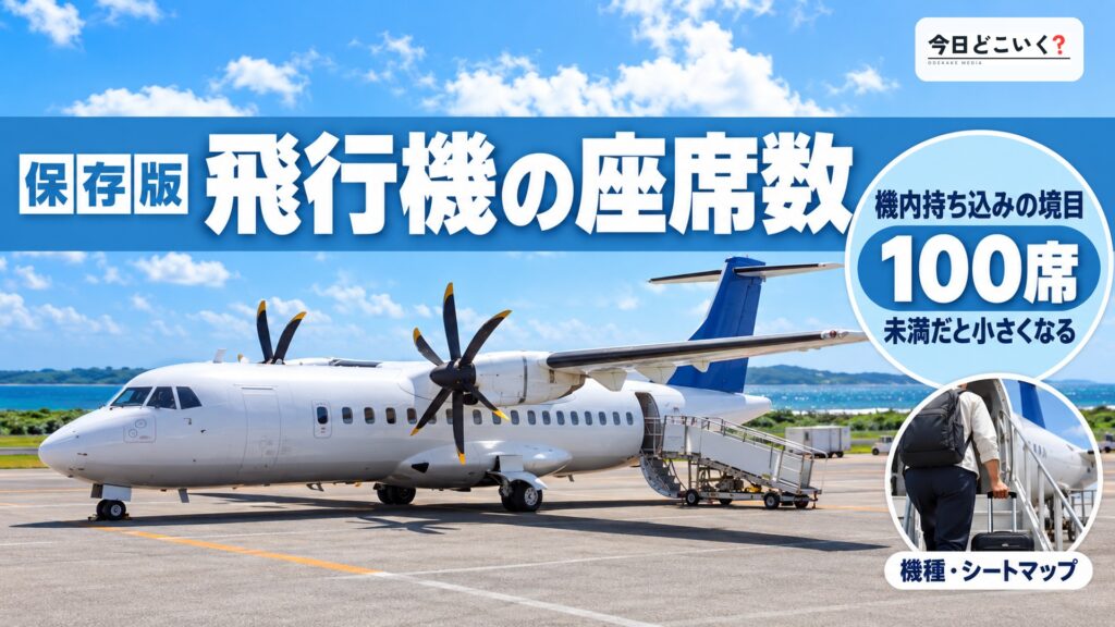 飛行機の座席数はどこで分かる?座席数の確認方法と注意点を解説! 図の中の文字: 飛行機の座席数、機内持ち込みの境目、100席、未満だと小さくなる